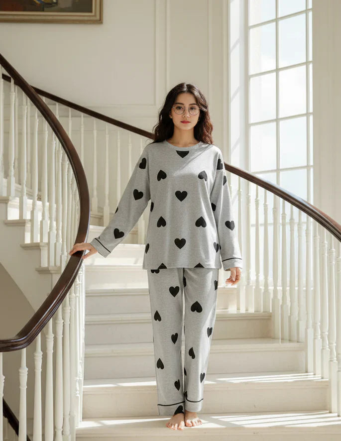 White Heart Printed Night Suit