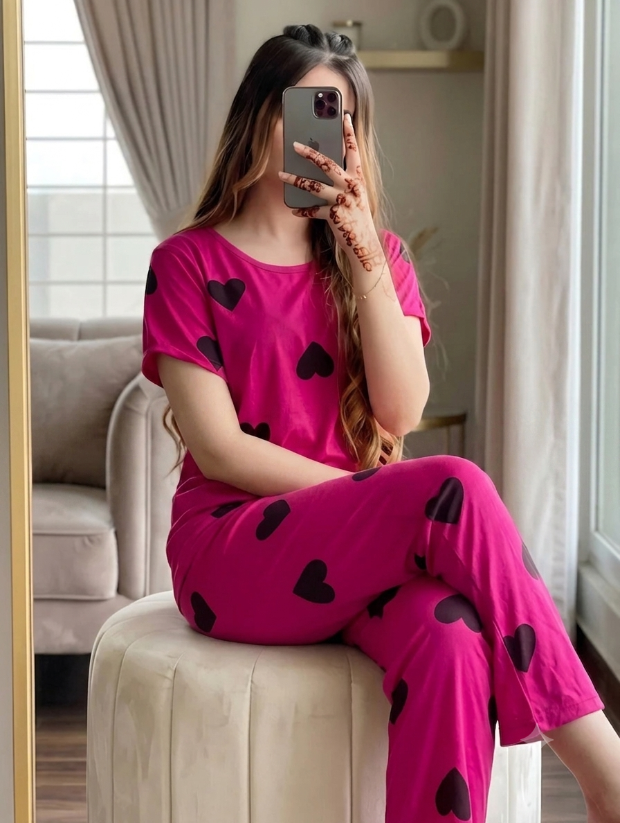 Black Multi Hearts Pink Printed Night Suit