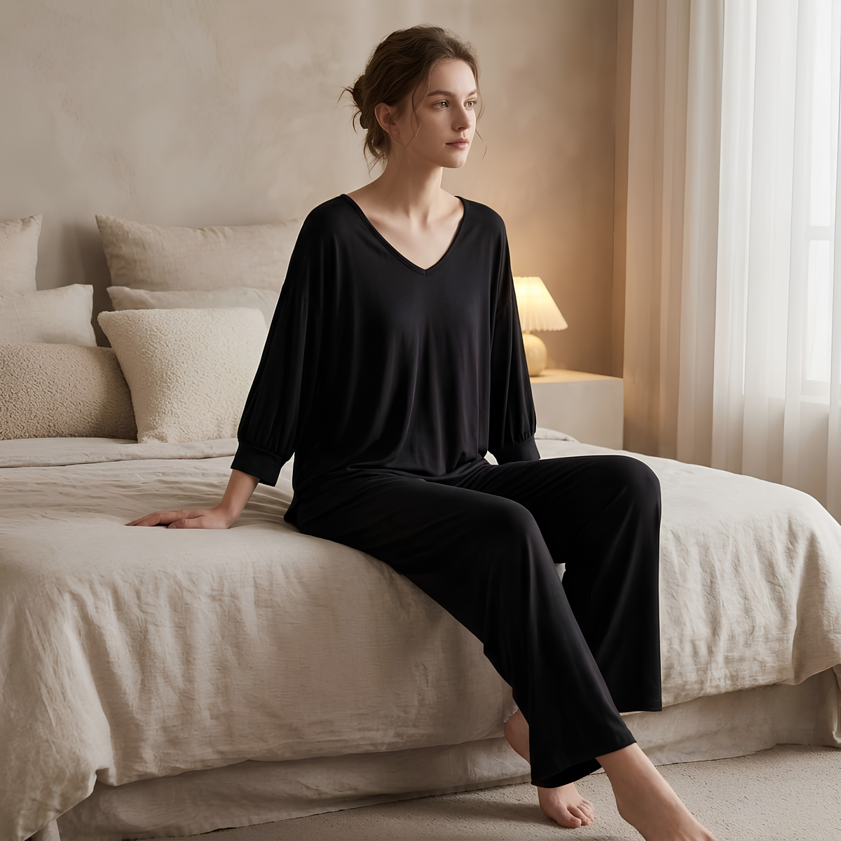 Black Plain Palazo Night Suit