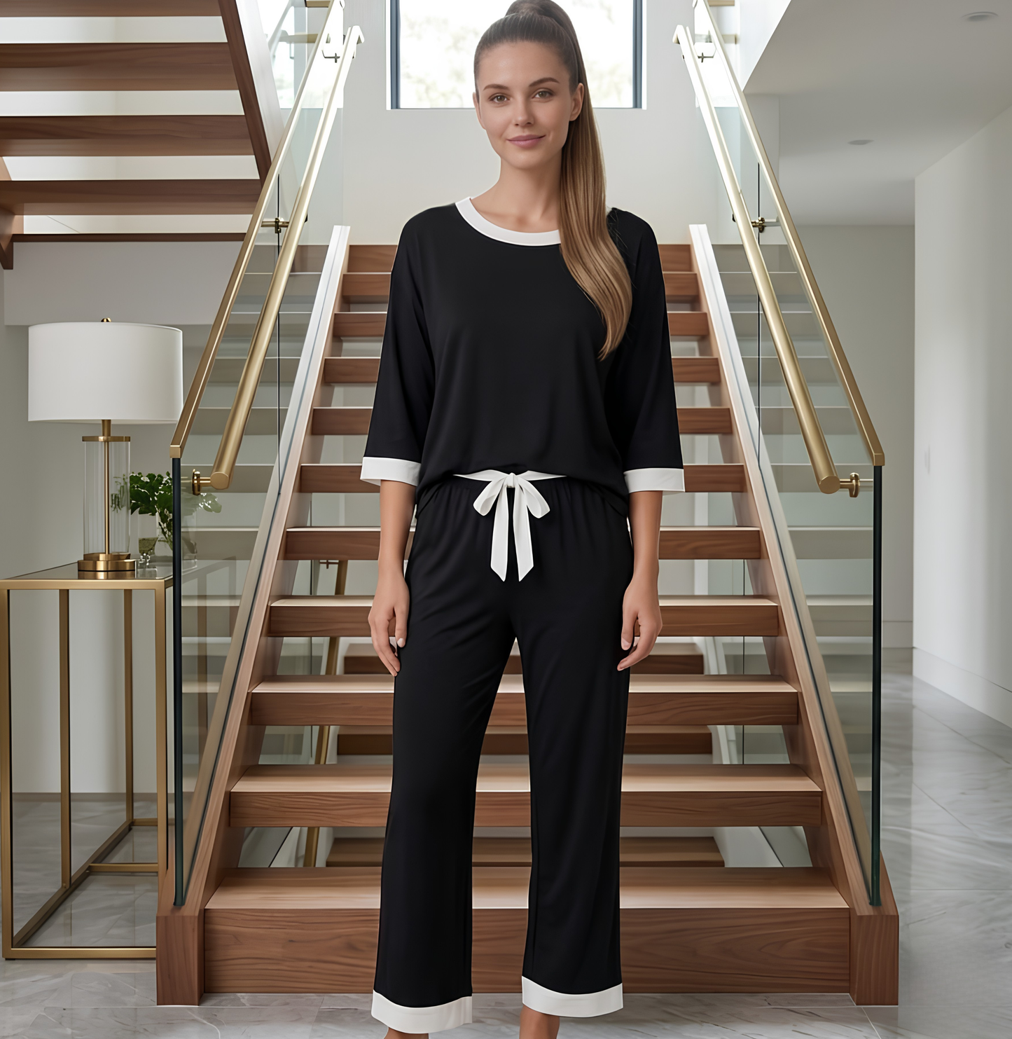 Black White Round Neck Plazo Night Suit