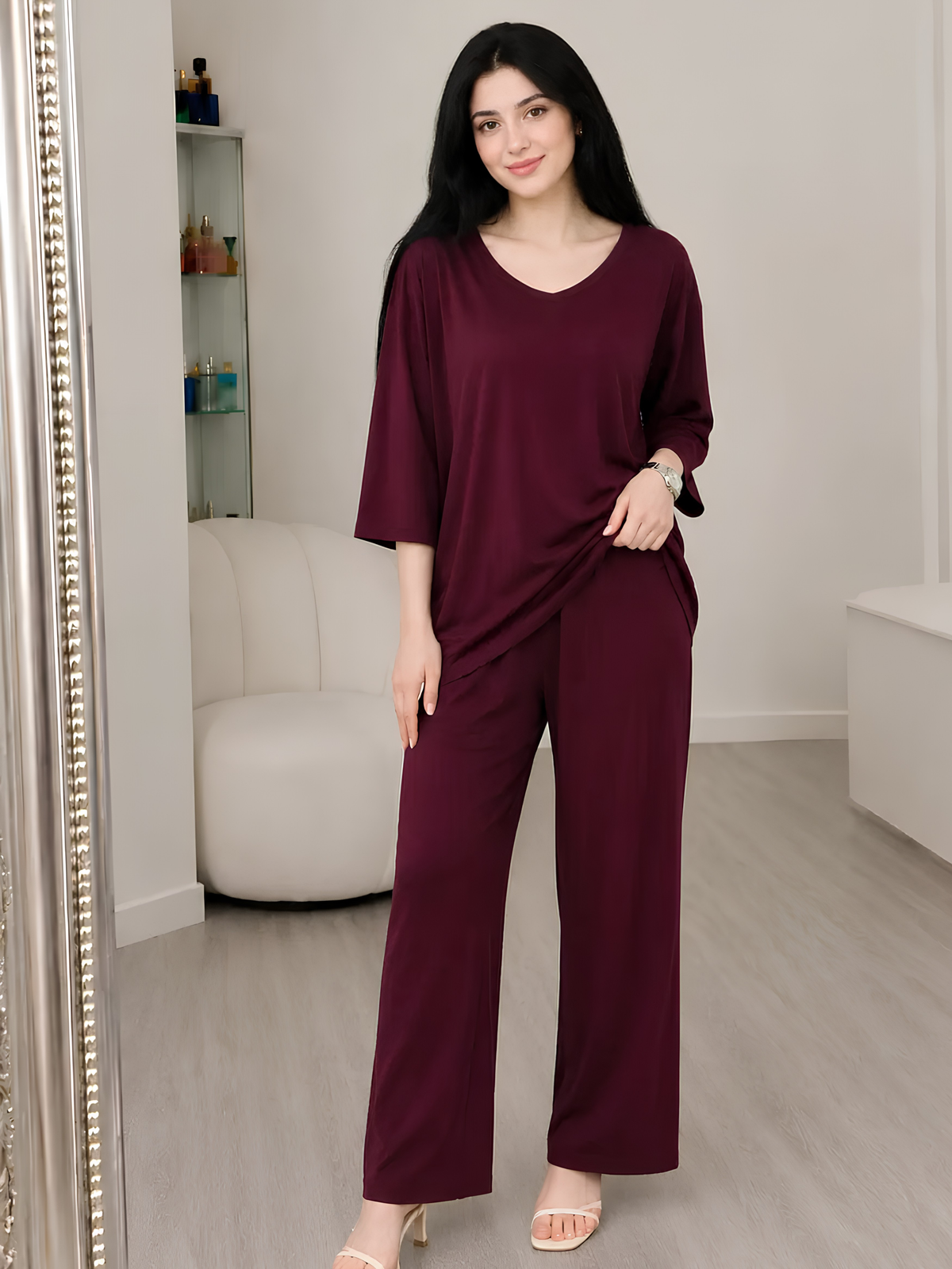 Maroon Plaain Palazo Night Suit