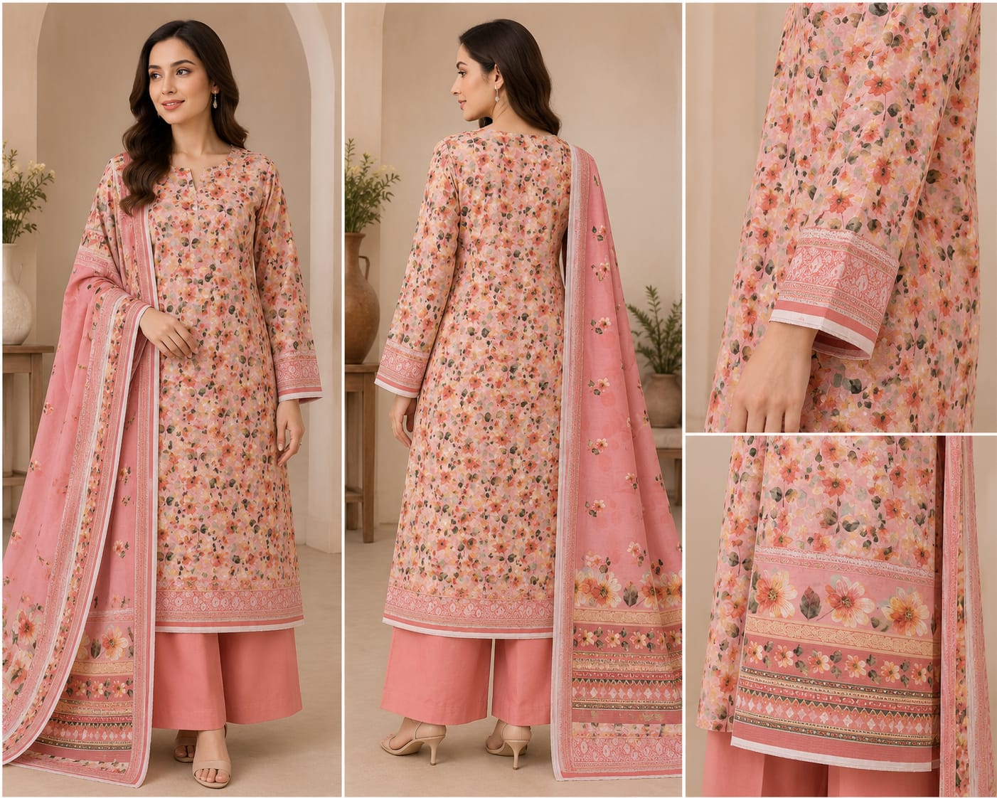 DARK PEACH UNSTICHED DIGITAL PRINTED LAWN 3 PCS SUIT