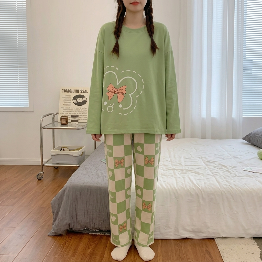 Olive Green Printed Night Suit
