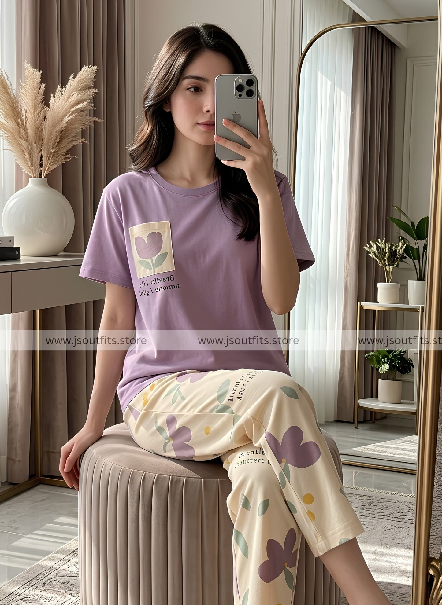 Purple Leaf Printed Night Suit