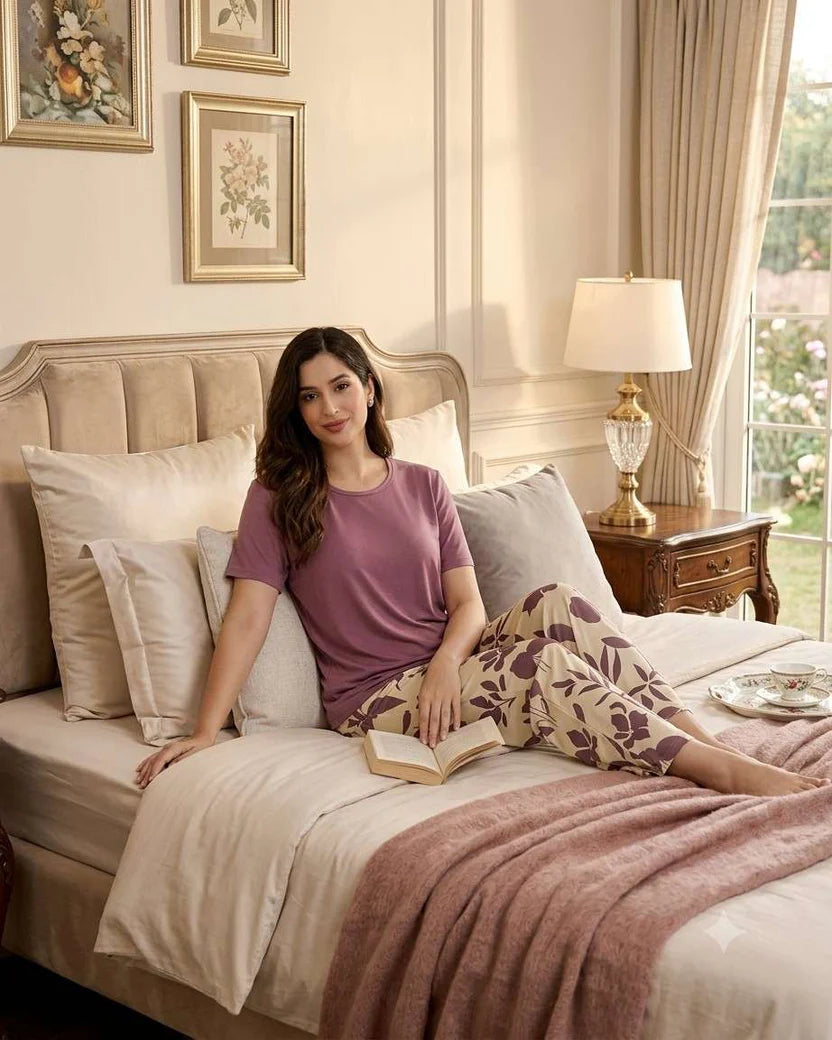 Plum Floral Printed Night Suit