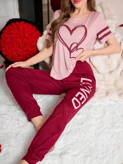 Two Heart Maroon Printed  Night Suit