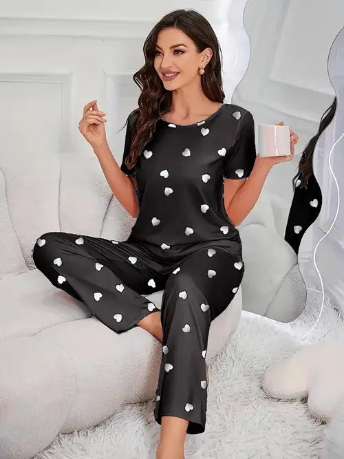 Black Heart Printed Night Suit