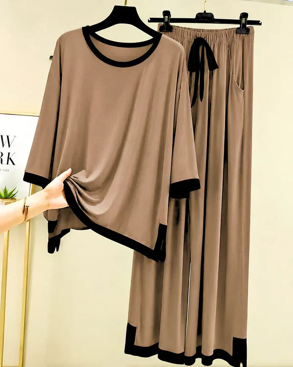 Coffee Brown Black Round Neck Plazo Night Suit
