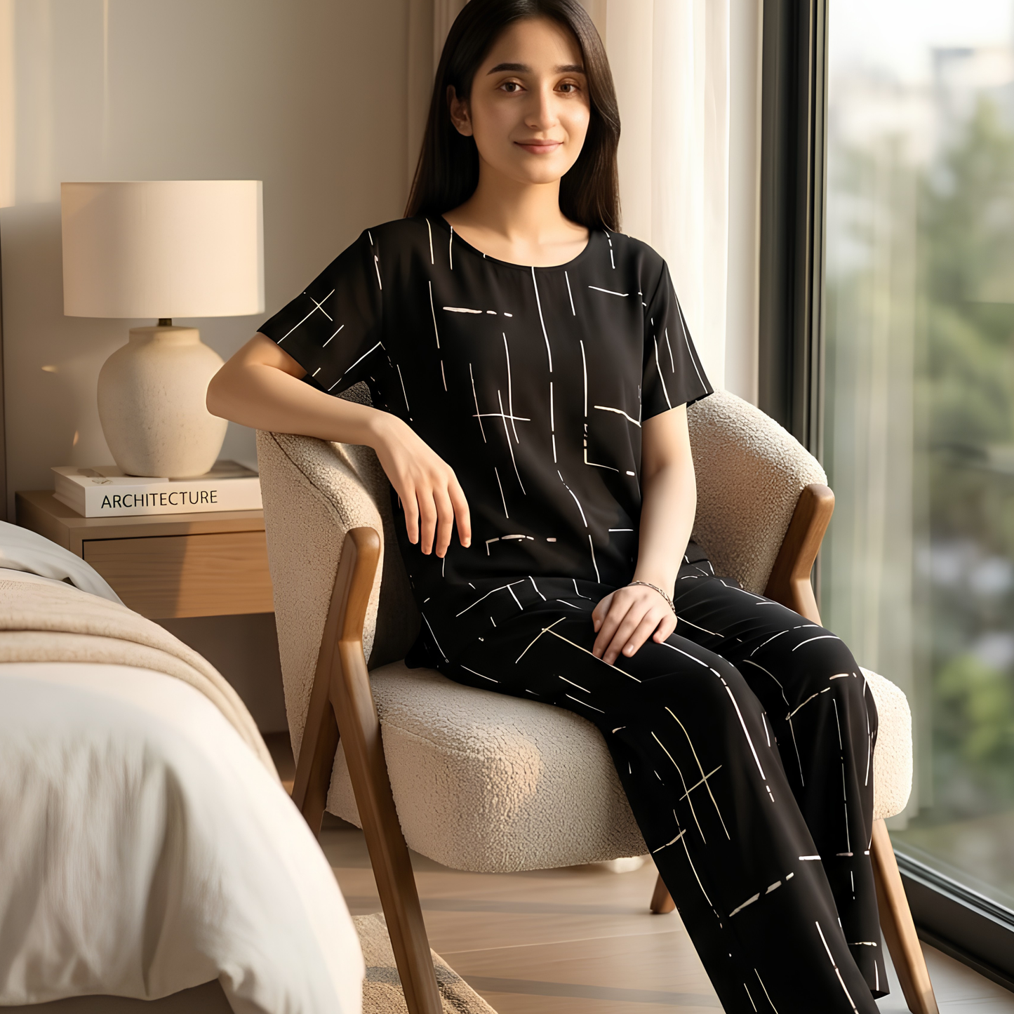 Black Capri Printed Night Suit