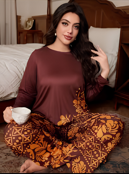 Maroon Leaves Printed Night Suit