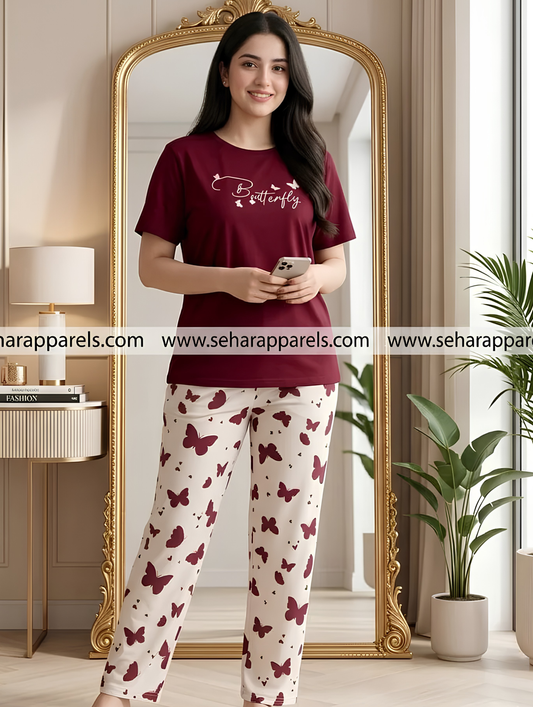 Red Butterfly Printed Night Suit