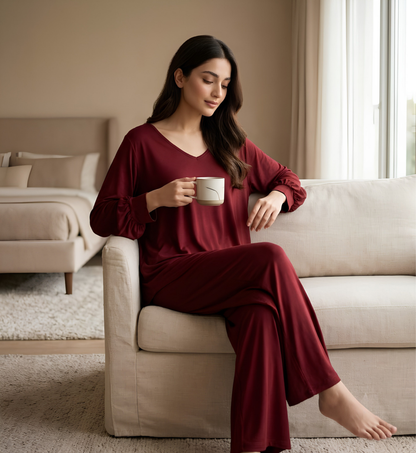 Maroon Plaain Palazo Night Suit