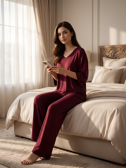 Maroon Plaain Palazo Night Suit
