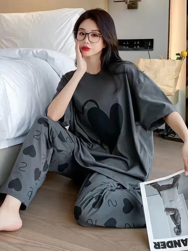 Grey Double Heart Half Sleeve Printed Night Suit