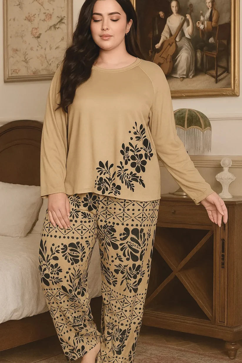 Beige Flower printed night suit