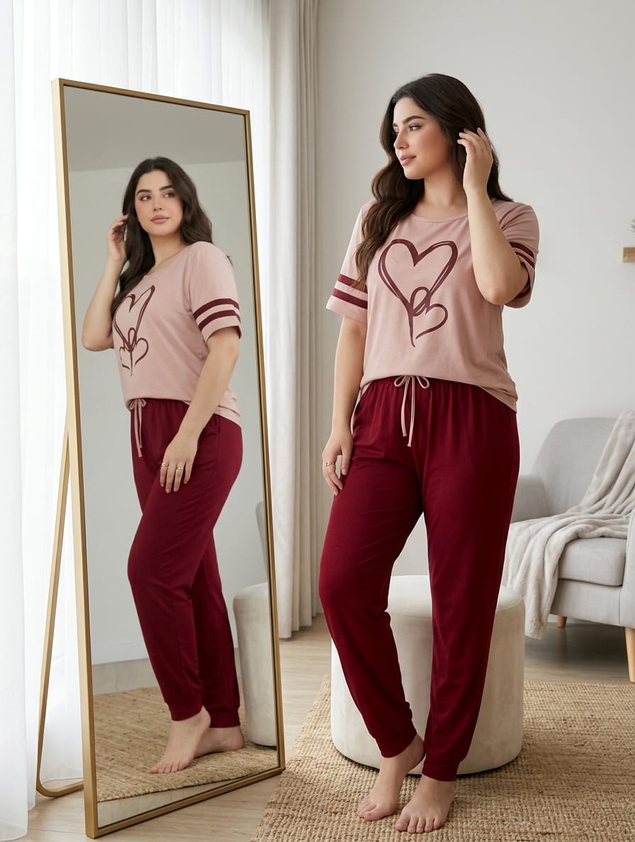 Two Heart Maroon Printed  Night Suit