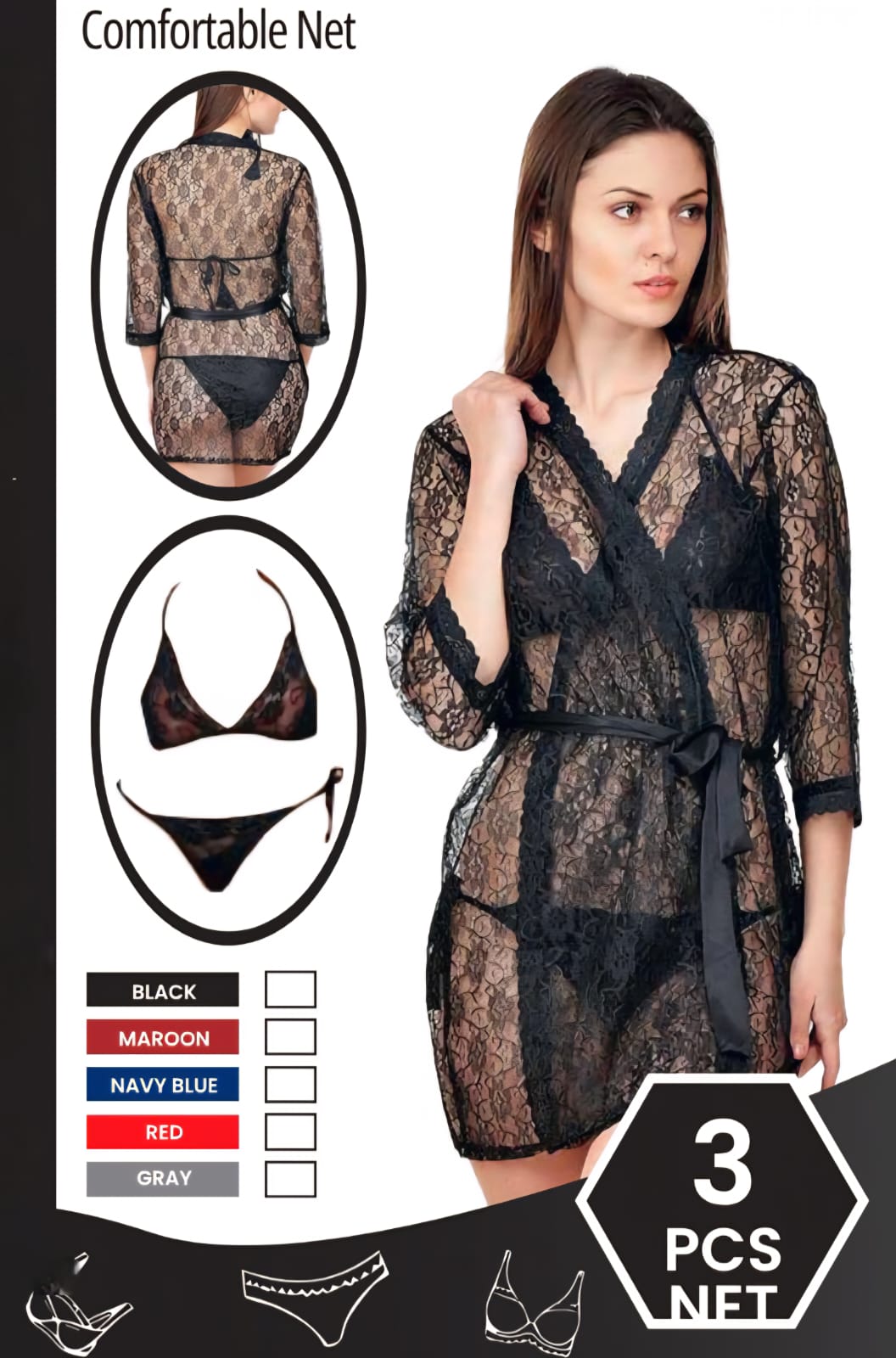 BLACK NET 3 PCS WESTERN NIGHT SUIT