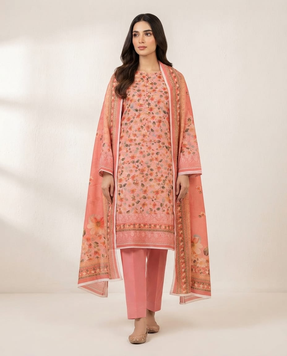 DARK PEACH  UNSTICHED DIGITAL PRINTED LAWN 3 PCS SUIT
