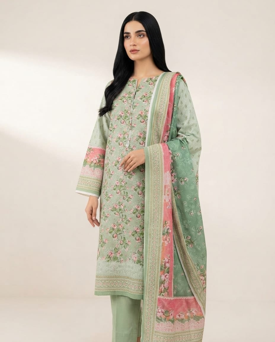 OLIVE GREEN  UNSTICHED DIGITAL PRINTED LAWN 3 PCS SUIT