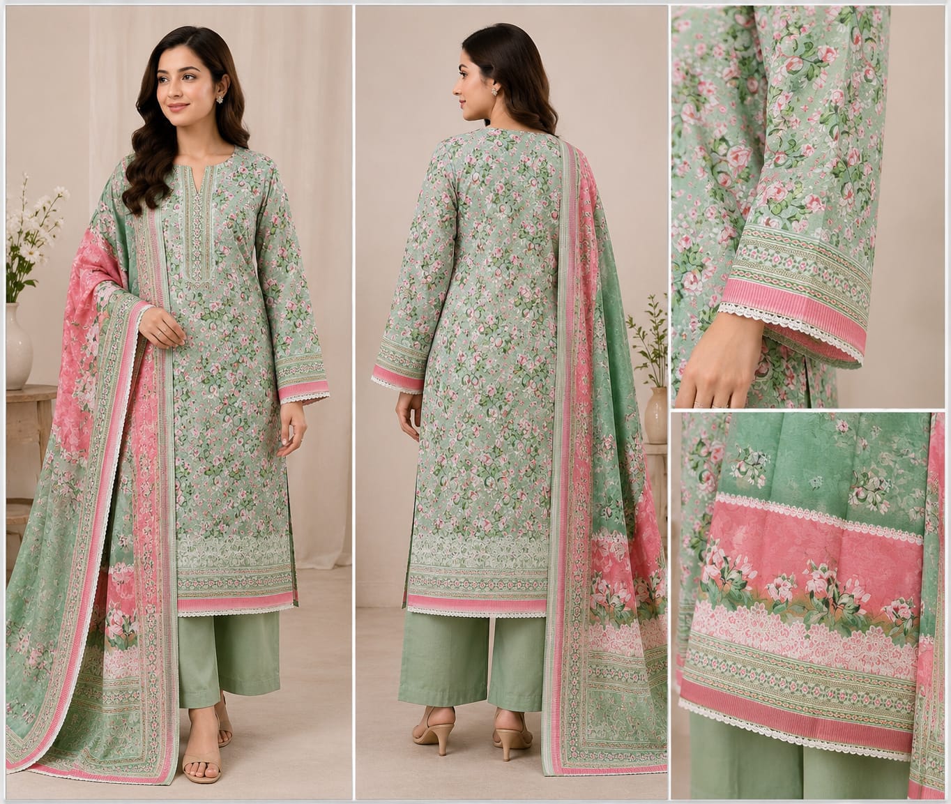 OLIVE GREEN  UNSTICHED DIGITAL PRINTED LAWN 3 PCS SUIT