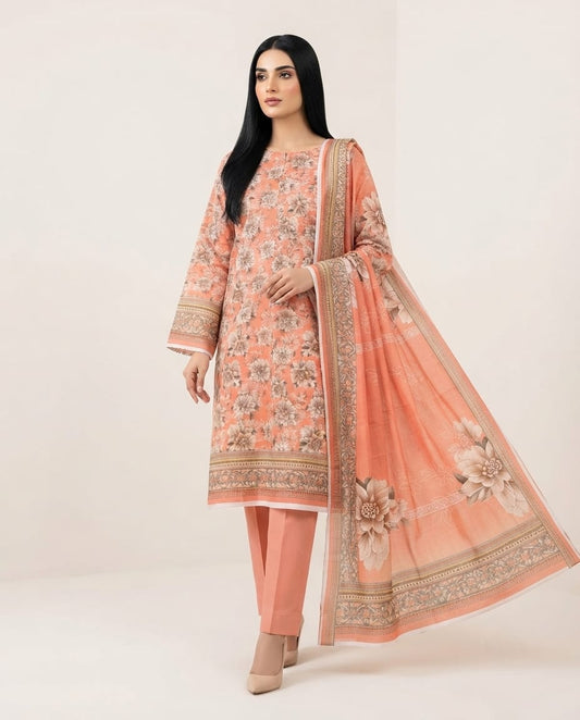 LIGHT PEACH UNSTICHED DIGITAL PRINTED LAWN 3 PCS SUIT