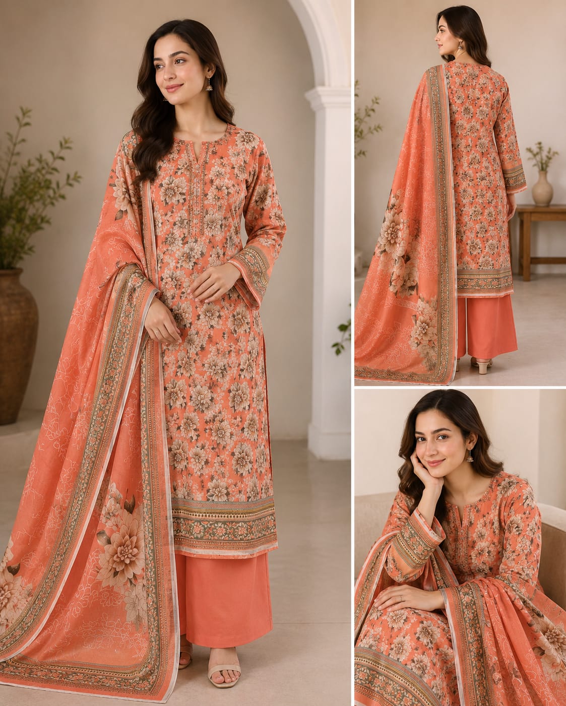 LIGHT PEACH UNSTICHED DIGITAL PRINTED LAWN 3 PCS SUIT