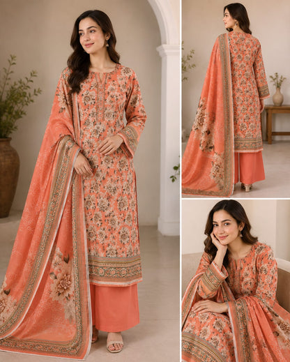 LIGHT PEACH UNSTICHED DIGITAL PRINTED LAWN 3 PCS SUIT