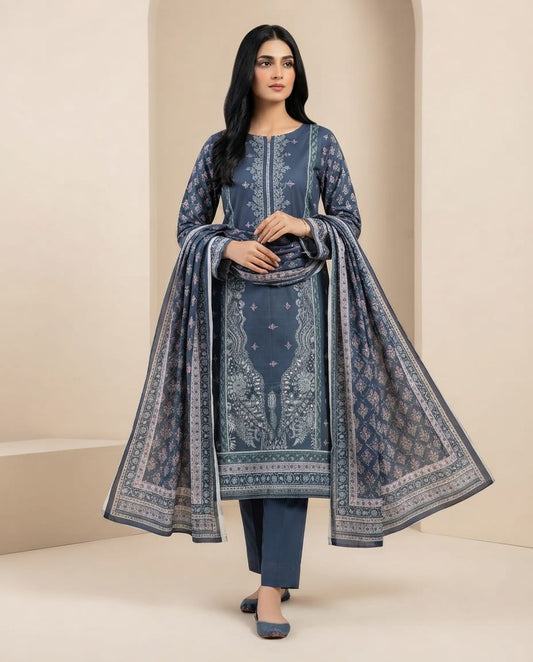 AQUA BLUE  UNSTICHED DIGITAL PRINTED LAWN 3 PCS SUIT