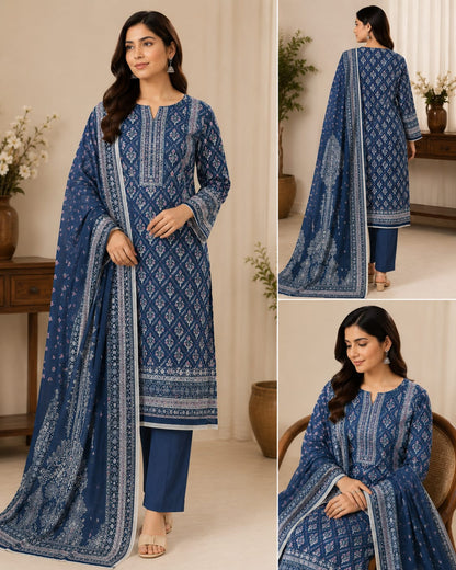 AQUA BLUE  UNSTICHED DIGITAL PRINTED LAWN 3 PCS SUIT