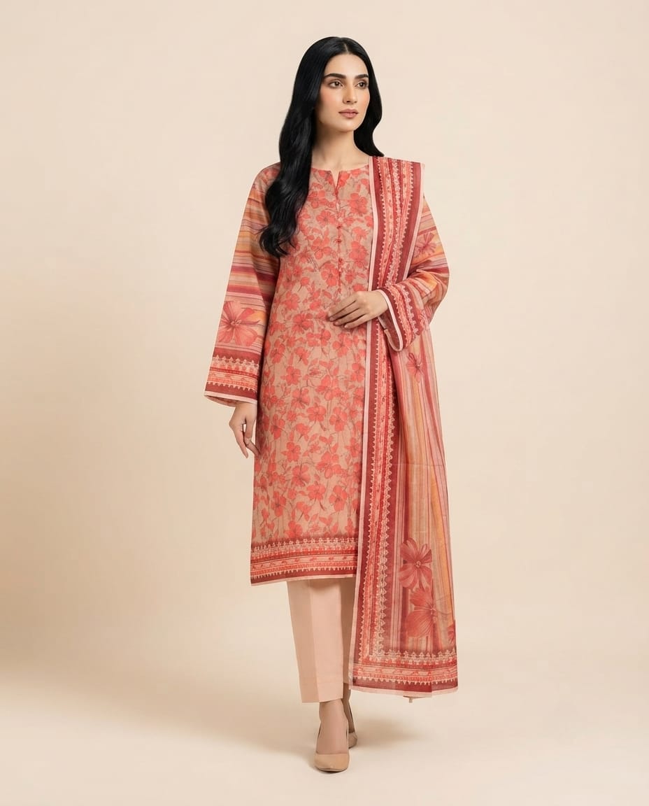PEACH UNSTICHED DIGITAL PRINTED LAWN 3 PCS SUIT