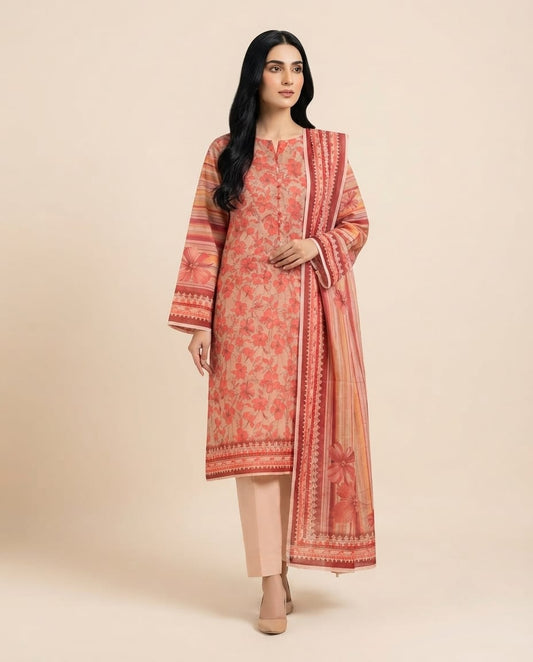 PEACH UNSTICHED DIGITAL PRINTED LAWN 3 PCS SUIT