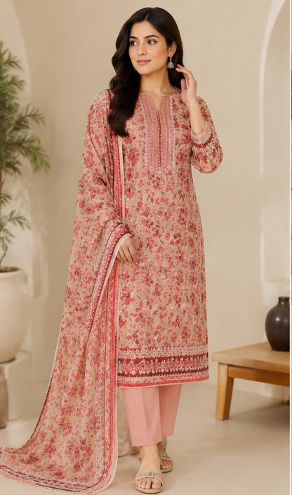 PEACH UNSTICHED DIGITAL PRINTED LAWN 3 PCS SUIT
