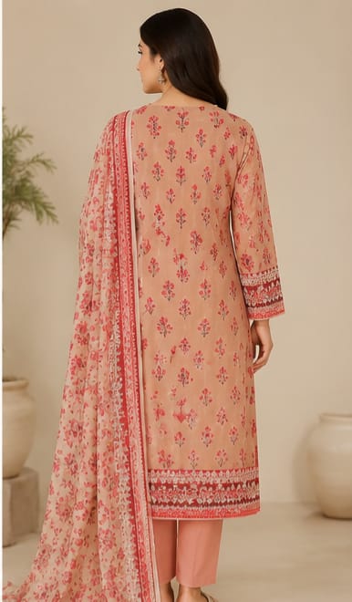 PEACH UNSTICHED DIGITAL PRINTED LAWN 3 PCS SUIT