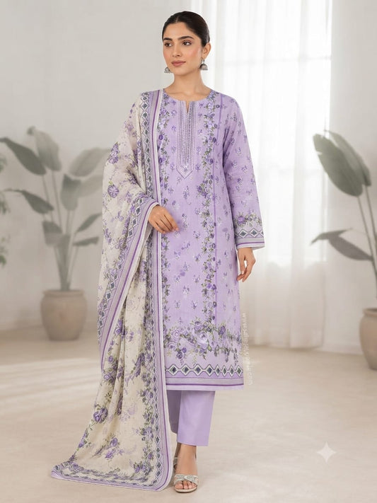 PURPLE UNSTICHED DIGITAL PRINTED LAWN 3 PCS SUIT