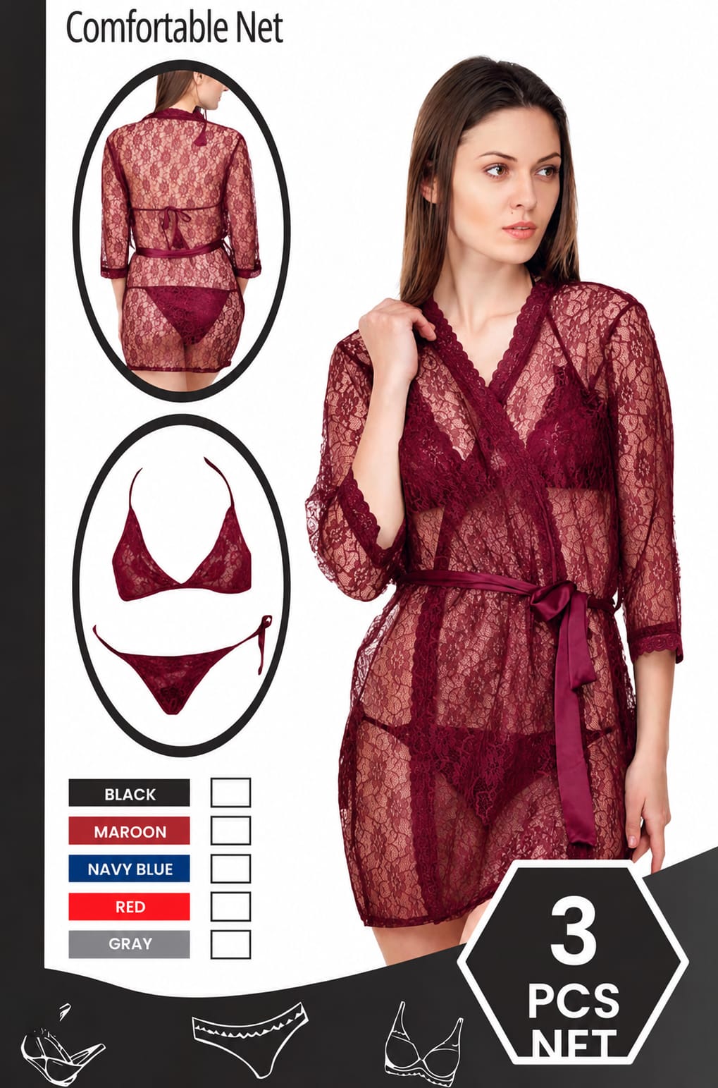 MAROON NET 3 PCS WESTERN NIGHT SUIT