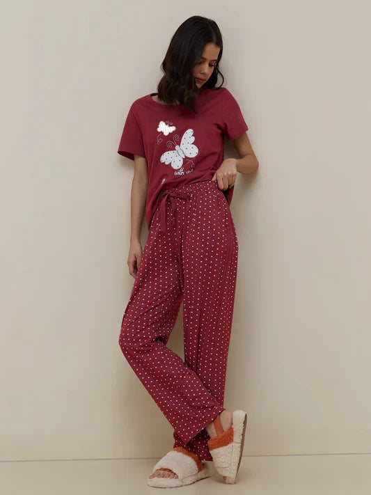 Maroon Butterfly Printed Night Suit