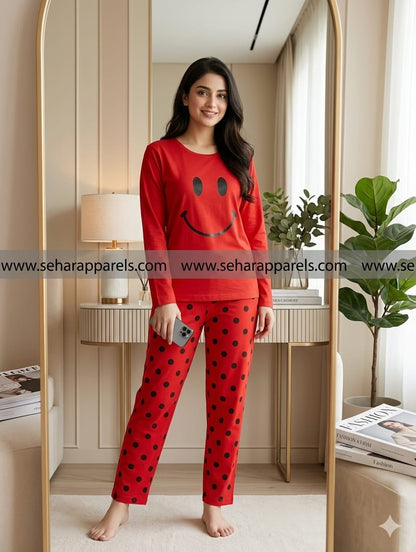 Red Smiley Printed Night Suit