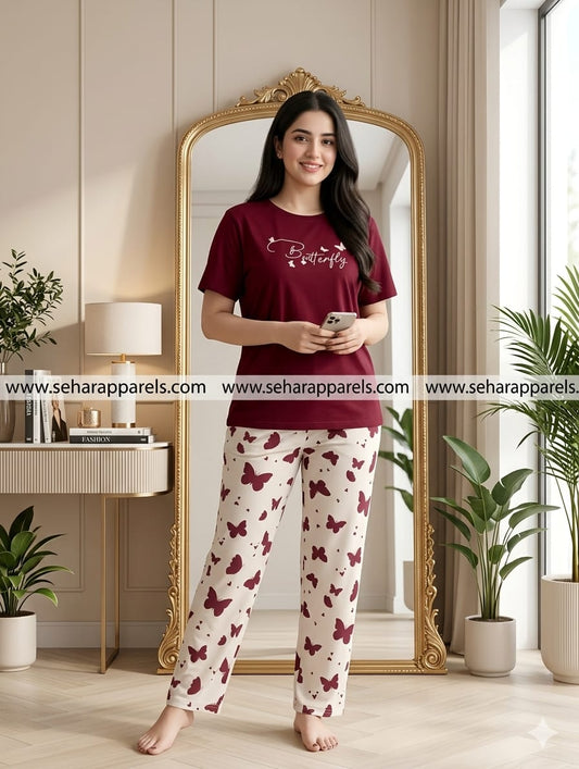 Red Butterfly Printed Night Suit