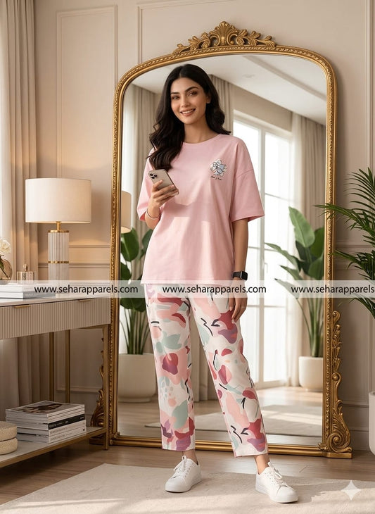 Pink Flower Printed Night Suit