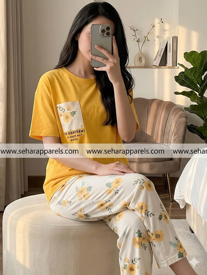 Yellow Pocket Printed Night Suit