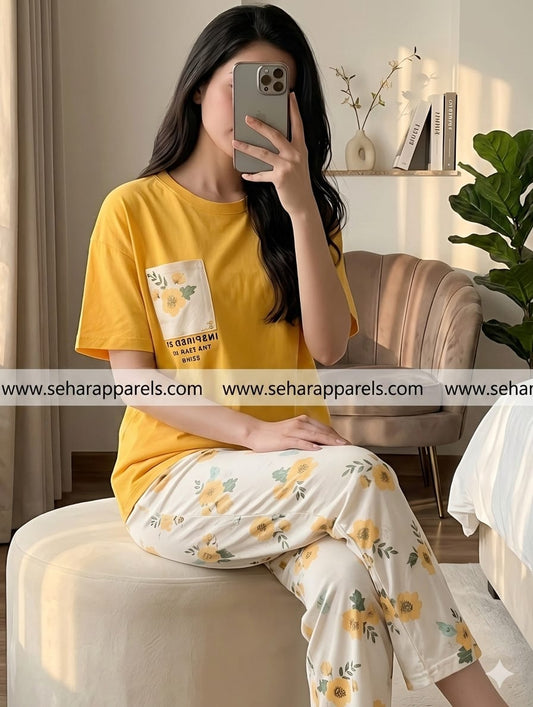 Yellow Pocket Printed Night Suit
