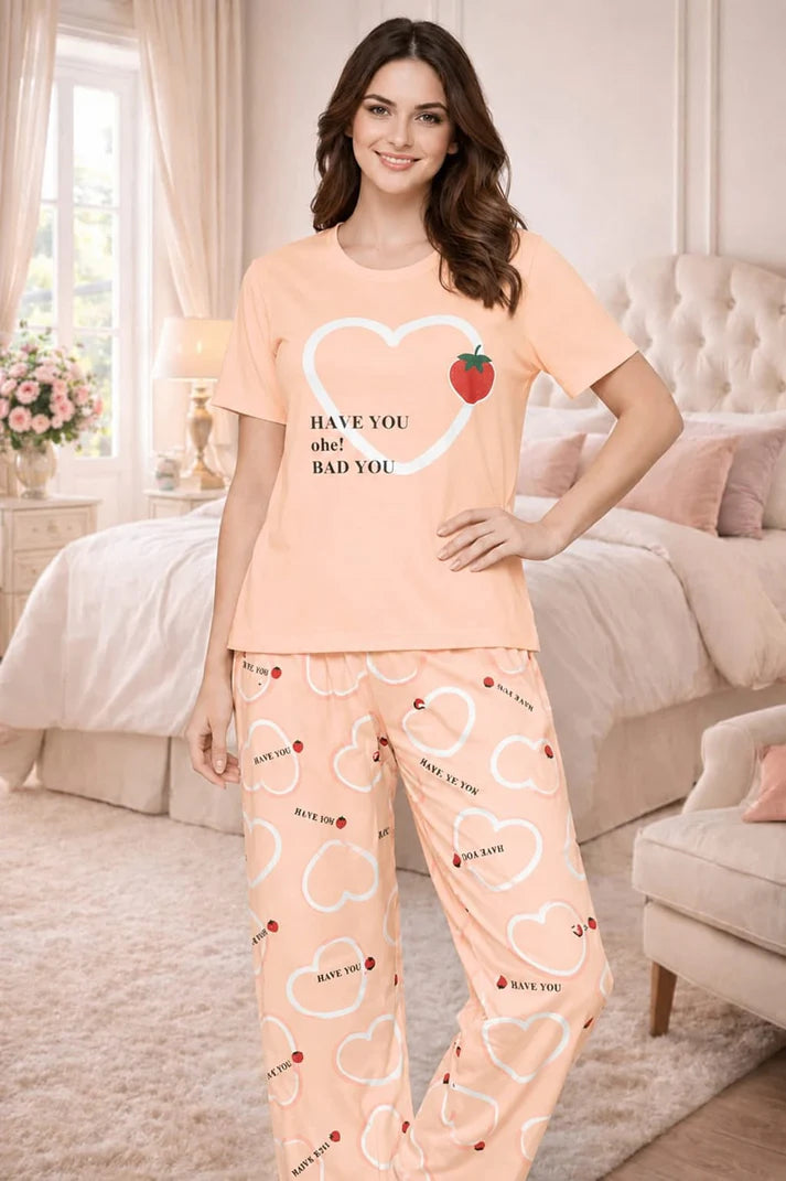 Strawberry Heart Printed Night Suit