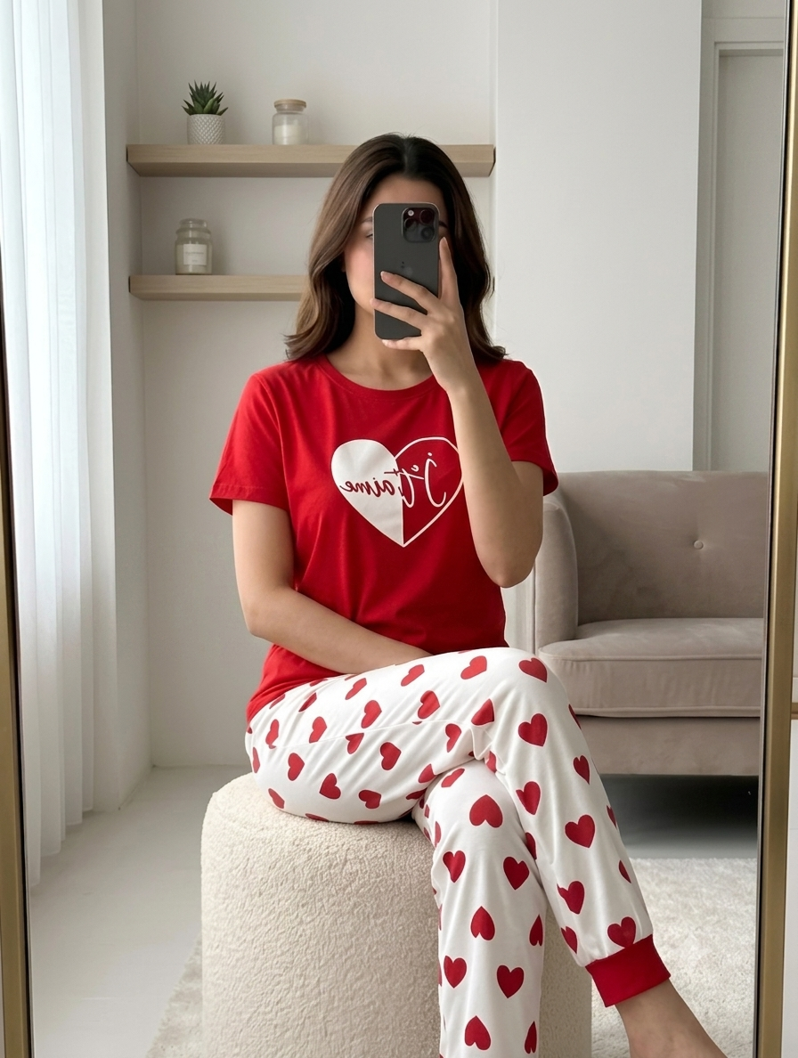 Red Heart Printed Night Suit