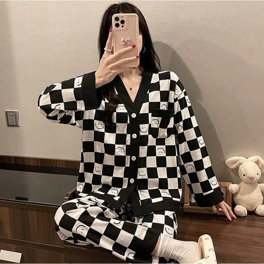 White with Black Smiley Printed V-Neck Button Printed Night Suit