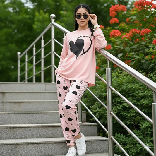 Pink Double Heart Printed Night Suit