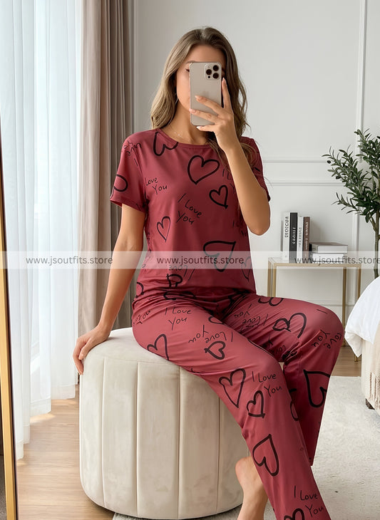 Pink heart Printed Night Suit