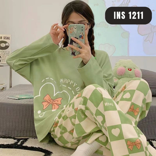 Olive Green Printed Night Suit