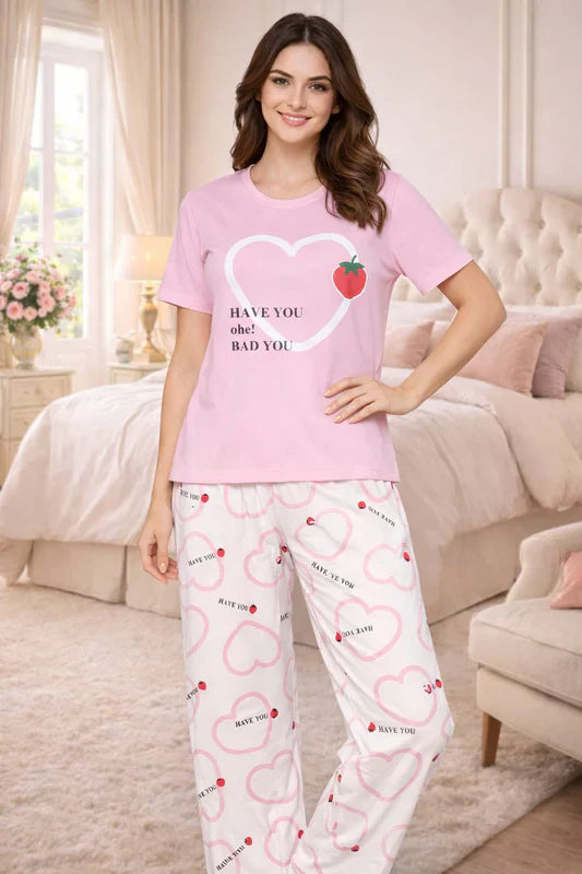 Strawberry Heart Printed Night Suit