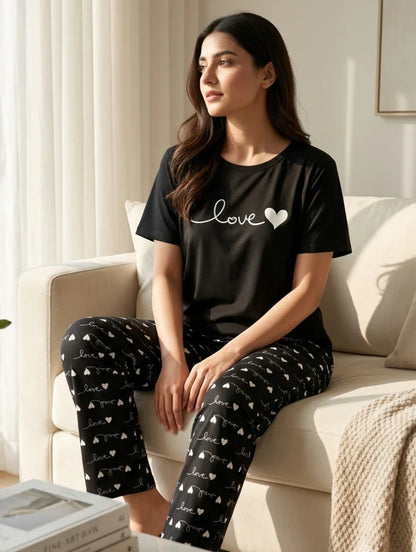 Black Love heart Printed Night Suit