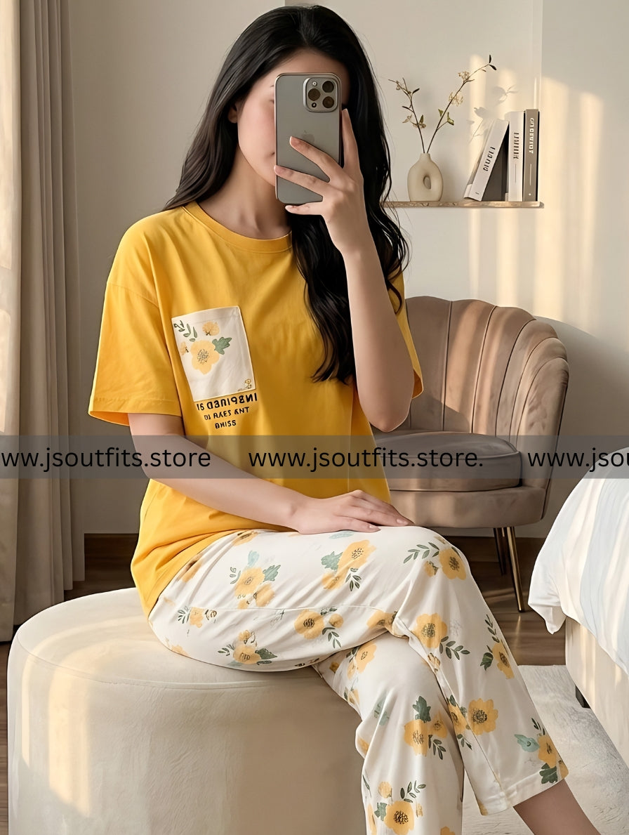 Yellow Pocket Printed Night Suit
